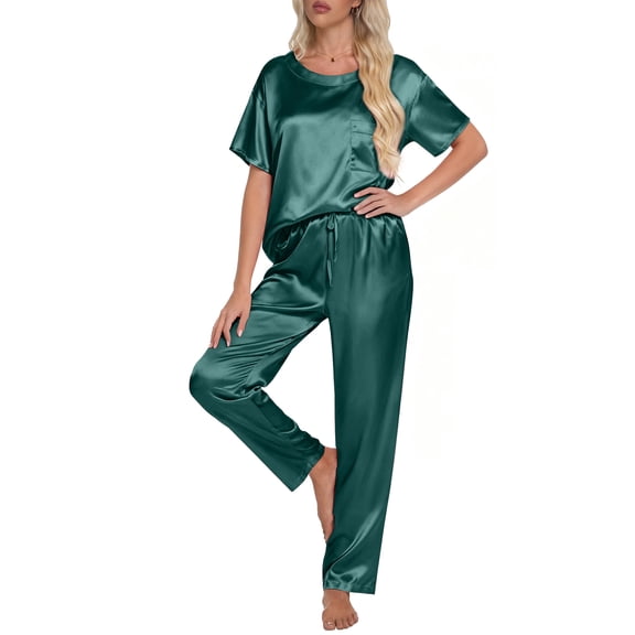 DAKIMOE Womens Silk Satin Pajama Set Short Sleeve Shirt with Long Pajamas Pant Set Two-piece Pj Sets Soft Sleepwear Loungewear Nightwear Pjs S-2XL, Green, M