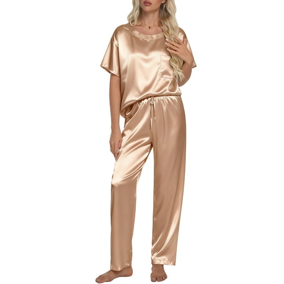DAKIMOE Womens Silk Satin Pajama Set Short Sleeve Shirt with Long Pajamas Pant Set Two-piece Pj Sets Soft Sleepwear Loungewear Nightwear Pjs S-2XL, Khaki, XL