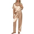 thumbnail image 1 of DAKIMOE Womens Silk Satin Pajama Set Short Sleeve Shirt with Long Pajamas Pant Set Two-piece Pj Sets Soft Sleepwear Loungewear Nightwear Pjs S-2XL, Khaki, XXL, 1 of 9