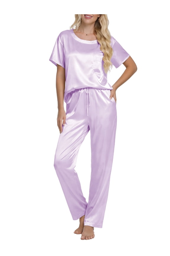 Womens Silk Satin Pajama Set Short Sleeve Shirt with Long Pajamas Pant Set Two-piece Pj Sets Soft Sleepwear Loungewear Nightwear Pjs S-XXL, Light Purple, L