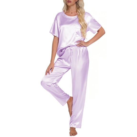DAKIMOE Womens Silk Satin Pajama Set Short Sleeve Shirt with Long Pajamas Pant Set Two-piece Pj Sets Soft Sleepwear Loungewear Nightwear Pjs S-2XL, Light Purple, L