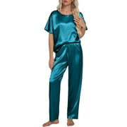 DAKIMOE Womens Silk Satin Pajama Set Short Sleeve Shirt with Long Pajamas Pant Set Two-piece Pj Sets Soft Sleepwear Loungewear Nightwear Pjs S-2XL, Peacock Blue, M