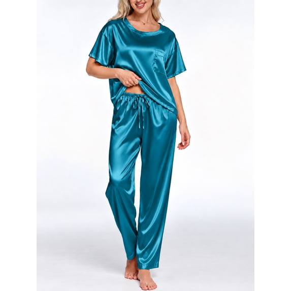 DAKIMOE Pajamas for Women Set Silky Satin Pajama Set Short Sleeve Shirt & Long Pajamas Pant Set 2-piece Pj Sets with Pockets Soft Sleepwear Loungewear Nightwear Pjs S-XXL, Peacock Blue, L