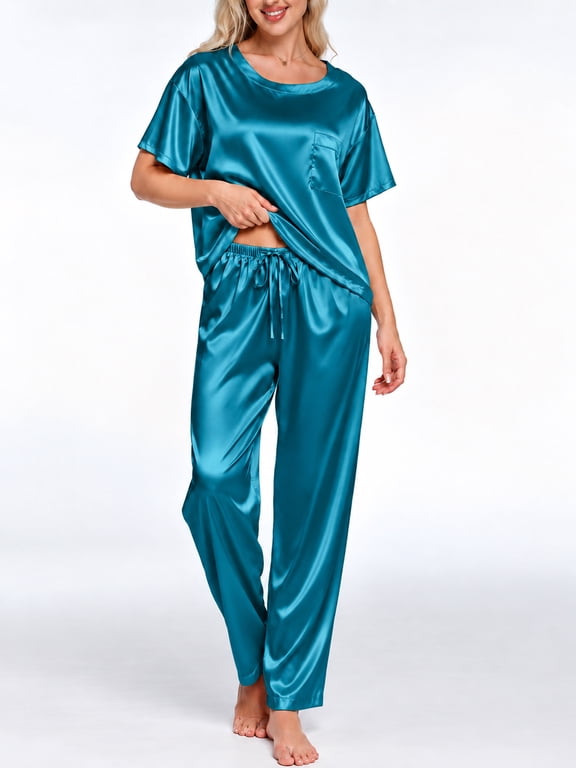 Pajamas for Women Set Silky Satin Pajama Set Short Sleeve Shirt & Long Pajamas Pant Set 2-piece Pj Sets with Pockets Soft Sleepwear Loungewear Nightwear Pjs S-XXL, Peacock Blue, L