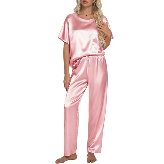 DAKIMOE Womens Silk Satin Pajama Set Short Sleeve Shirt with Long Pajamas Pant Set Two-piece Pj Sets Soft Sleepwear Loungewear Nightwear Pjs S-2XL, Pink, S