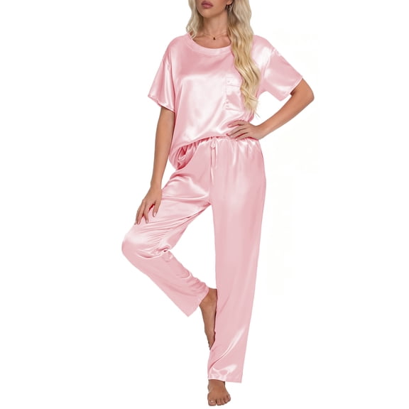 DAKIMOE Womens Silk Satin Pajama Set Short Sleeve Shirt with Long Pajamas Pant Set Two-piece Pj Sets Soft Sleepwear Loungewear Nightwear Pjs S-2XL, Pink, XL