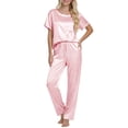 thumbnail image 1 of DAKIMOE Womens Silk Satin Pajama Set Short Sleeve Shirt with Long Pajamas Pant Set Two-piece Pj Sets Soft Sleepwear Loungewear Nightwear Pjs S-XXL, Pink, XL, 1 of 7