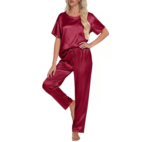 DAKIMOE Womens Silk Satin Pajama Set Short Sleeve Shirt with Long Pajamas Pant Set Two-piece Pj Sets Soft Sleepwear Loungewear Nightwear Pjs S-2XL, Wine Red, XXL