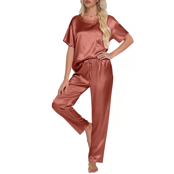 DAKIMOE Womens Silk Satin Pajama Set Short Sleeve Shirt with Long Pajamas Pant Set Two-piece Pj Sets Soft Sleepwear Loungewear Nightwear Pjs S-XL, Caramel, XL