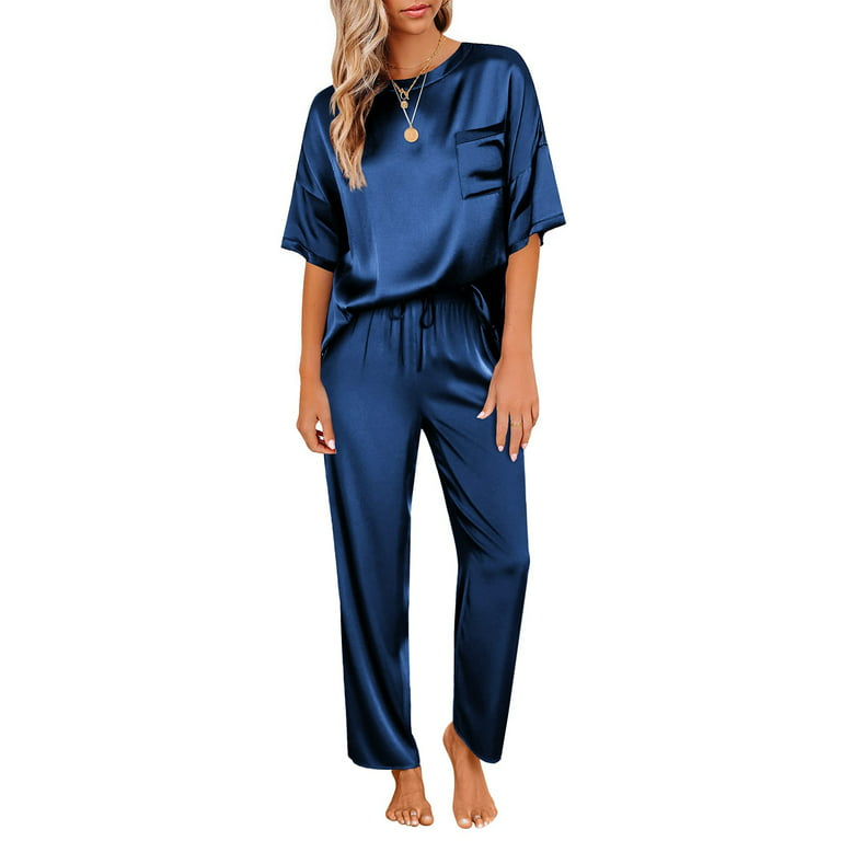 DAKIMOE Womens Silk Satin Pajama Set Short Sleeve Shirt with Long Pajama  Pant Set Two-piece Pj Sets Soft Sleepwear Loungewear Nightwear Button-Down