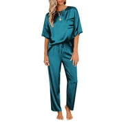 DAKIMOE Womens Silk Satin Pajama Set Short Sleeve Shirt with Long Pajama Pant Set Two-piece Pj Sets Soft Sleepwear Loungewear Nightwear Button-Down Pjs S-2XL, Peacock Blue, M