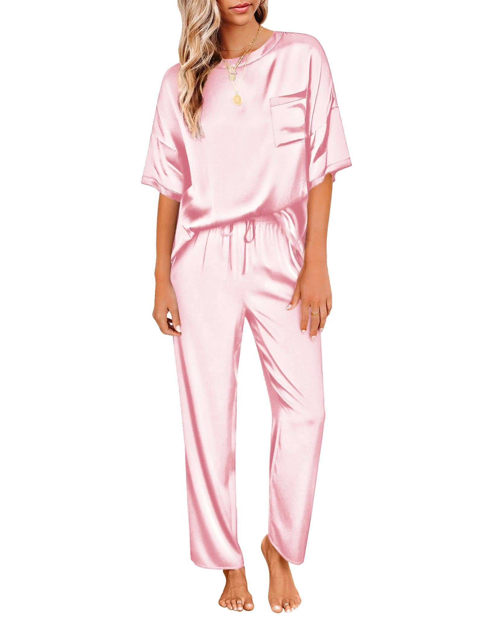 DAKIMOE Women's Silk Satin Short Sleeve Pajama Set with Long Pants ...