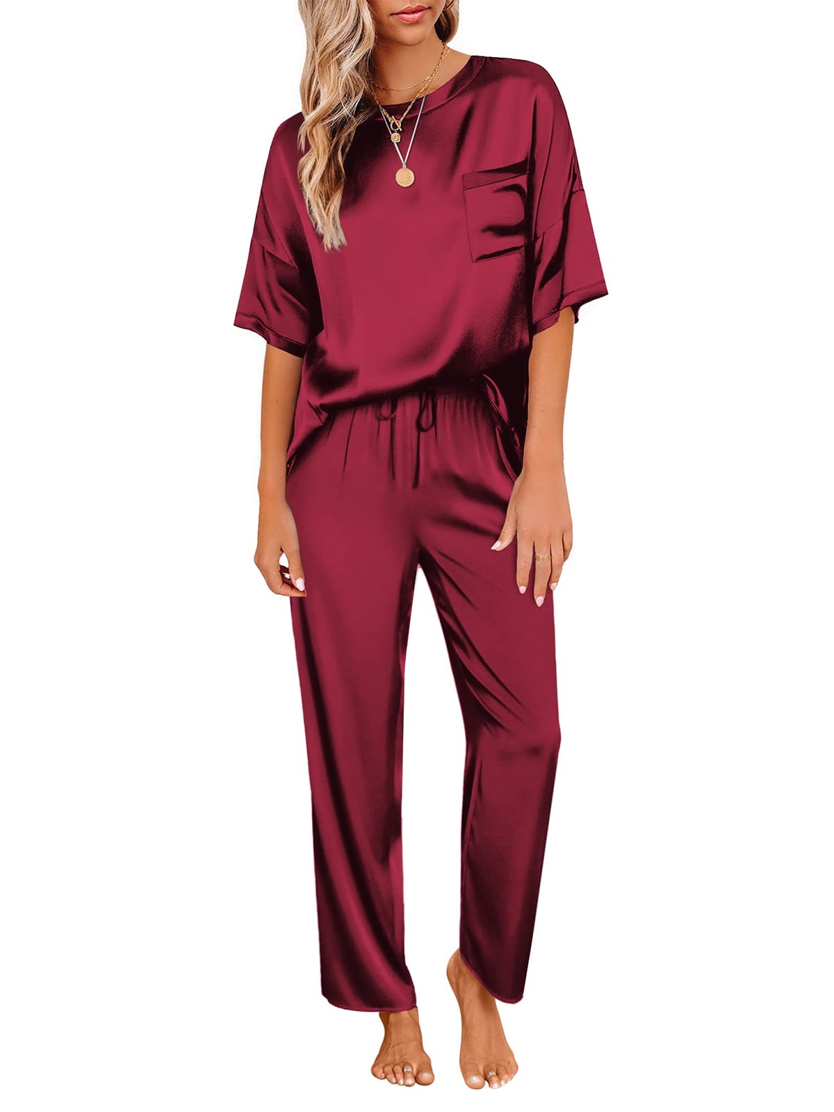DAKIMOE Womens Silk Satin Pajama Set Short Sleeve Shirt with Long ...