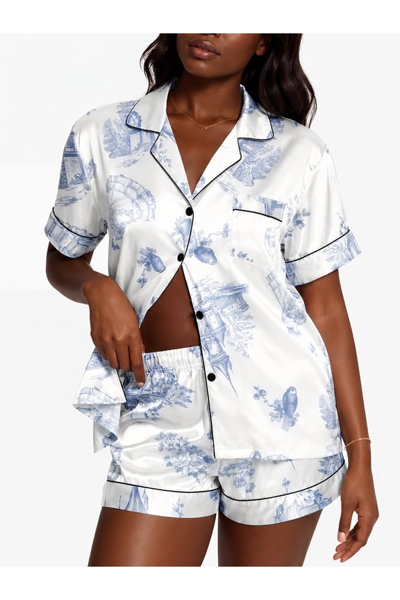 Womens Silk Satin Pajama Set Short Sleeve Shirt with Shorts 2 Piece Pjs Sets Soft Silky Pajamas Sleepwear Nightwear Button-Down Loungewear S-XL