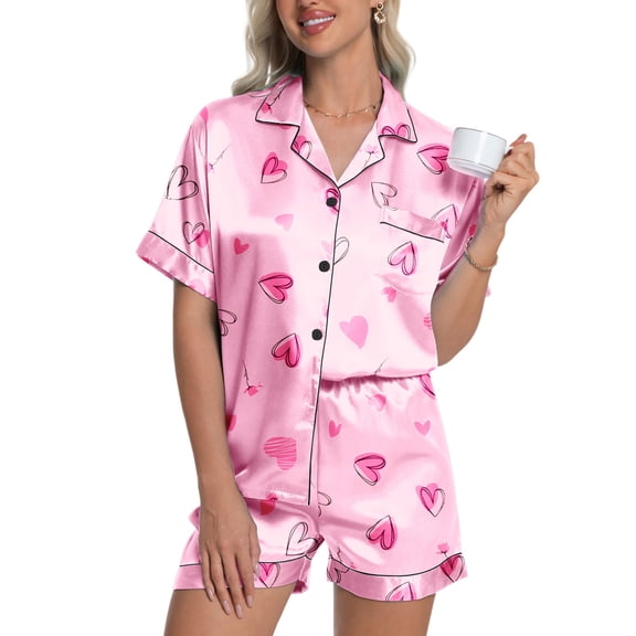 DAKIMOE Womens Silk Satin Pajama Set Valentines Pajamas Short Sleeve Shirt with Shorts 2 Piece Pjs Sets Soft Silky Sleepwear Nightwear Button-Down Loungewear S-XL
