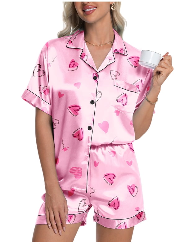 Womens Silk Satin Pajama Set Valentines Pajamas Short Sleeve Shirt with Shorts 2 Piece Pjs Sets Soft Silky Sleepwear Nightwear Button-Down Loungewear S-XL