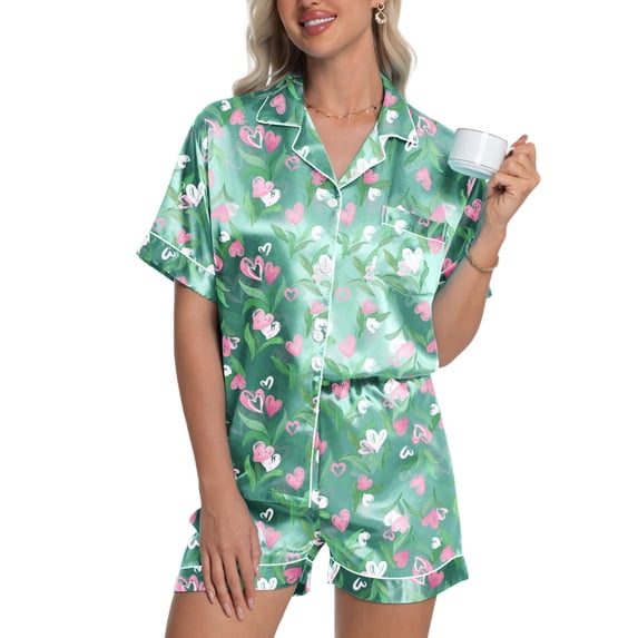 DAKIMOE Womens Silk Satin Pajama Set Valentines Pajamas Short Sleeve Shirt with Shorts 2 Piece Pjs Sets Soft Silky Sleepwear Nightwear Button-Down Loungewear S-XL