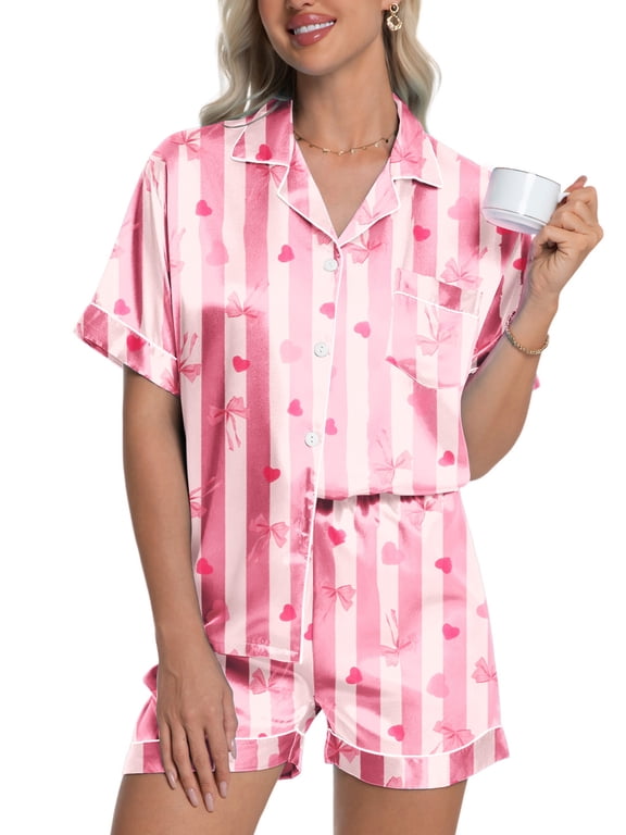 Womens Silk Satin Pajama Set Valentines Pajamas Short Sleeve Shirt with Shorts 2 Piece Pjs Sets Soft Silky Sleepwear Nightwear Button-Down Loungewear S-XL