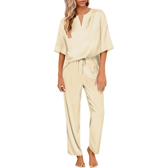 DAKIMOE Womens Silk Satin Pajama Sets Short Sleeve Pjs V Neck Pajamas for Women with Long Pant S to XL