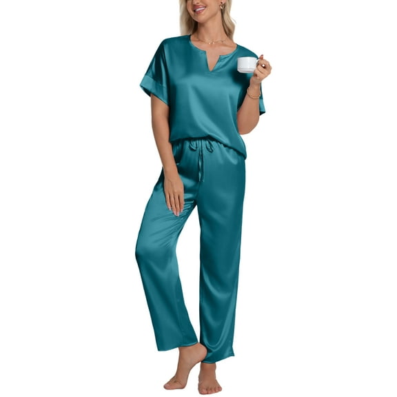 DAKIMOE Womens Silk Satin Pajama Sets Short Sleeve Pjs V Neck Pajamas for Women with Long Pant S to XL