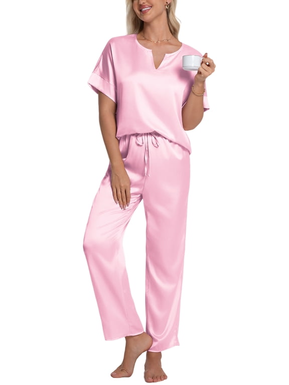 Womens Silk Satin Pajama Sets Short Sleeve Pjs V Neck Pajamas for Women with Long Pant S to XL