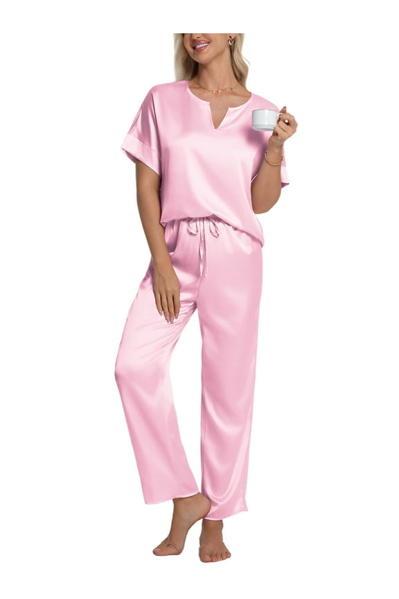 Womens Silk Satin Pajama Sets Short Sleeve Pjs V Neck Pajamas for Women with Long Pant S to XL