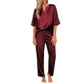 thumbnail image 1 of DAKIMOE Womens Silk Satin Pajama Sets Short Sleeve Pjs V Neck Pajamas for Women with Long Pant S to XL, 1 of 9