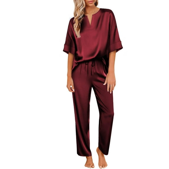 DAKIMOE Womens Silk Satin Pajama Sets Short Sleeve Pjs V Neck Pajamas for Women with Long Pant S to XL