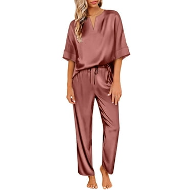DAKIMOE Womens Silk Satin Pajama Sets Short Sleeve Pjs V Neck Pajamas for Women with Long Pant S to XL