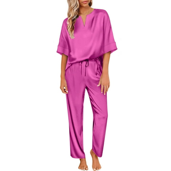 DAKIMOE Womens Silk Satin Pajama Sets Short Sleeve Pjs V Neck Pajamas for Women with Long Pant S to XL