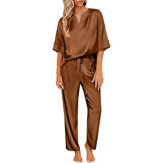 DAKIMOE Womens Silk Satin Pajama Sets Short Sleeve Pjs V Neck Pajamas for Women with Long Pant S to XL