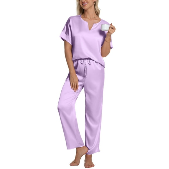 DAKIMOE Womens Silk Satin Pajama Sets Short Sleeve Pjs V Neck Pajamas for Women with Long Pant S to XL