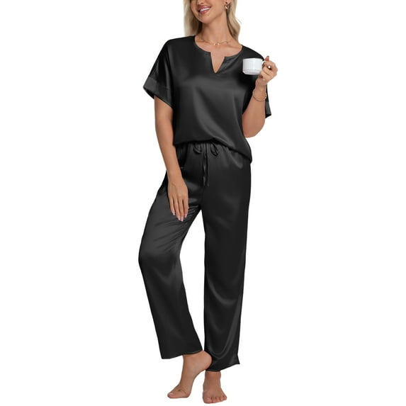 DAKIMOE Womens Silk Satin Pajama Sets Short Sleeve Pjs V Neck Pajamas for Women with Long Pant S to XL
