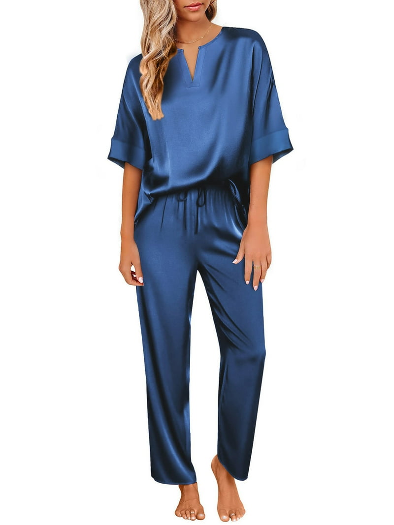 DAKIMOE Womens Silk Satin Pajama Sets Short Sleeve Pjs V Neck