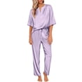 thumbnail image 1 of DAKIMOE Womens Silk Satin Pajama Sets Short Sleeve Pjs V Neck Pajamas for Women with Long Pant S to XL, 1 of 8