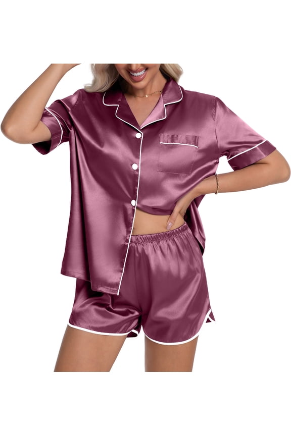 Womens Silk Satin Pajamas Short Sleeve Loungewear Two-Piece Sleepwear Button-Down Pj Set