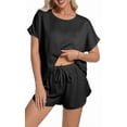 thumbnail image 1 of DAKIMOE Womens Silk Stain Pajamas Set Short Sleeve Soft Sleepwear Top With Shorts Set PJ Loungewear, Black, S, 1 of 8