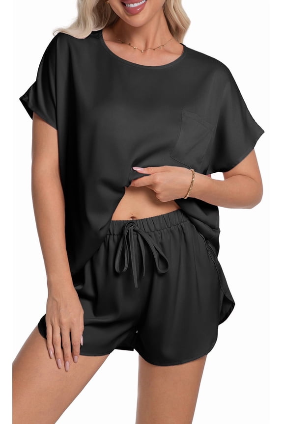 Womens Silk Stain Pajamas Set Short Sleeve Soft Sleepwear Top With Shorts Set PJ Loungewear, Black, S