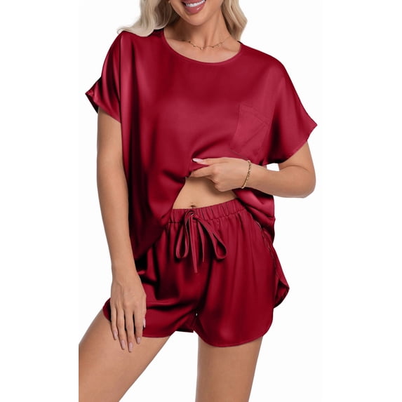 DAKIMOE Womens Silk Stain Pajamas Set Short Sleeve Soft Sleepwear Top With Shorts Set PJ Loungewear, Wine Red, L