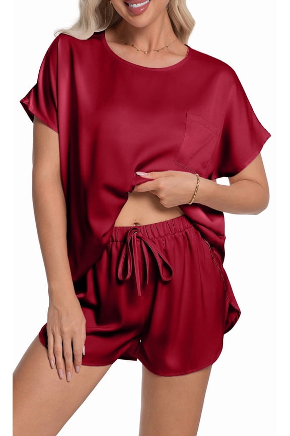 Womens Silk Stain Pajamas Set Short Sleeve Soft Sleepwear Top With Shorts Set PJ Loungewear, Wine Red, L