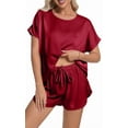 thumbnail image 1 of DAKIMOE Womens Silk Stain Pajamas Set Short Sleeve Soft Sleepwear Top With Shorts Set PJ Loungewear, Wine Red, M, 1 of 8