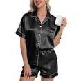 thumbnail image 1 of DAKIMOE Womens Silky Satin Pajama Set Short Sleeve Shirt with Shorts 2 Piece Pjs Sets Soft Silk Sleepwear Nightwear Button-Down Loungewear S-XL, Black, L, 1 of 10