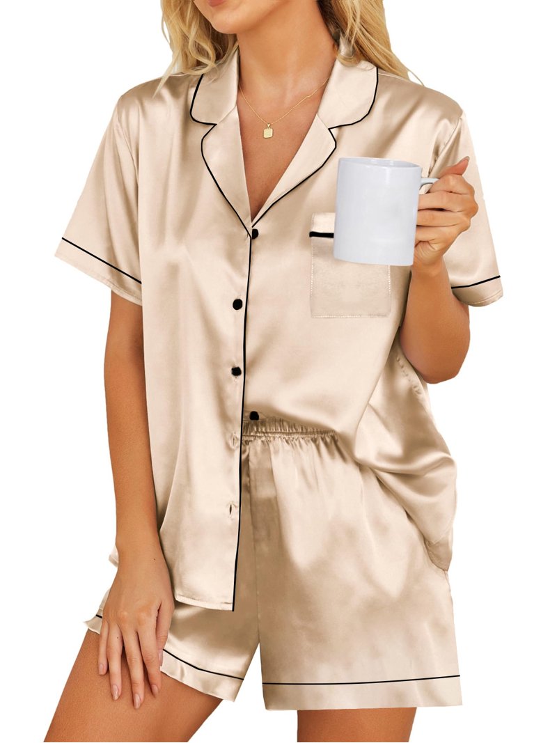 DAKIMOE Womens Silky Satin Pajama Set Short Sleeve Shirt with