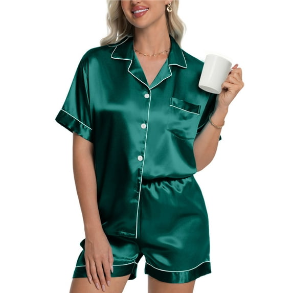 DAKIMOE Womens Silky Satin Pajama Set Short Sleeve Shirt with Shorts 2 Piece Pjs Sets Soft Silk Sleepwear Nightwear Button-Down Loungewear S-XL, Dark Green, L