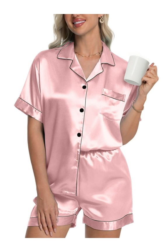 Womens Silky Satin Pajama Set Short Sleeve Shirt with Shorts 2 Piece Pjs Sets Soft Silk Sleepwear Nightwear Button-Down Loungewear S-XL, Pink, L