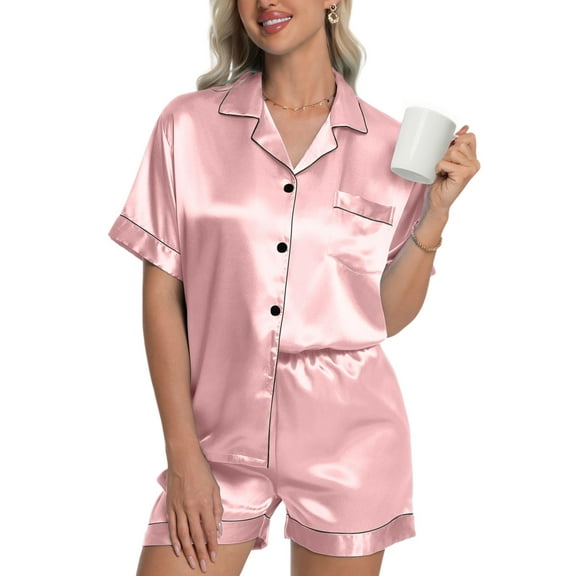 DAKIMOE Womens Silky Satin Pajama Set Short Sleeve Shirt with Shorts 2 Piece Pjs Sets Soft Silk Sleepwear Nightwear Button-Down Loungewear S-XL, Pink, M