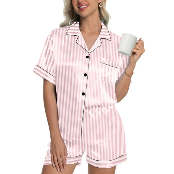 DAKIMOE Womens Silk Pajama Sets Satin Pajamas for Women Set Short Sleeve Shirt with Shorts 2 Piece Pjs Sets Soft Silky Sleepwear Nightwear Button-Down Loungewear S-XL