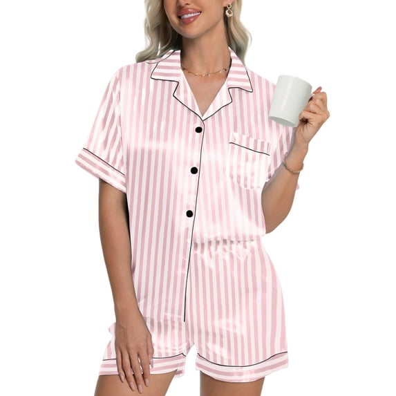 DAKIMOE Womens Silk Pajama Sets Satin Pajamas for Women Set Short Sleeve Shirt with Shorts 2 Piece Pjs Sets Soft Silky Sleepwear Nightwear Button-Down Loungewear S-XL