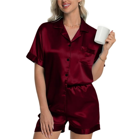 DAKIMOE Womens Silky Satin Pajama Set Short Sleeve Shirt with Shorts 2 Piece Pjs Sets Soft Silk Sleepwear Nightwear Button-Down Loungewear S-XL