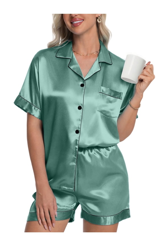 Womens Silk Pajama Sets Satin Pajamas for Women Set Short Sleeve Shirt with Shorts 2 Piece Pjs Sets Soft Silky Sleepwear Nightwear Button-Down Loungewear S-XL